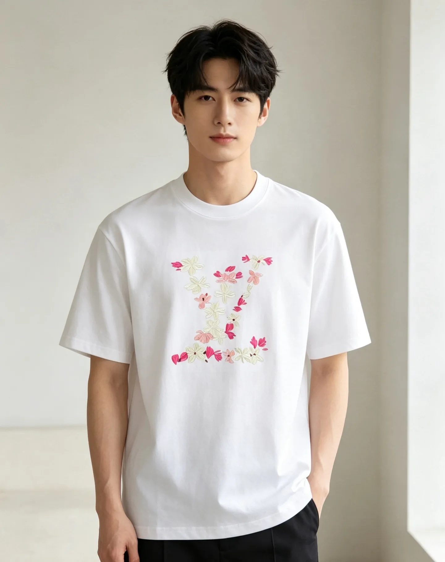 Louis Vuitton/Louis Vuitton 26ss cherry blossom embroidered LV logo short sleeves